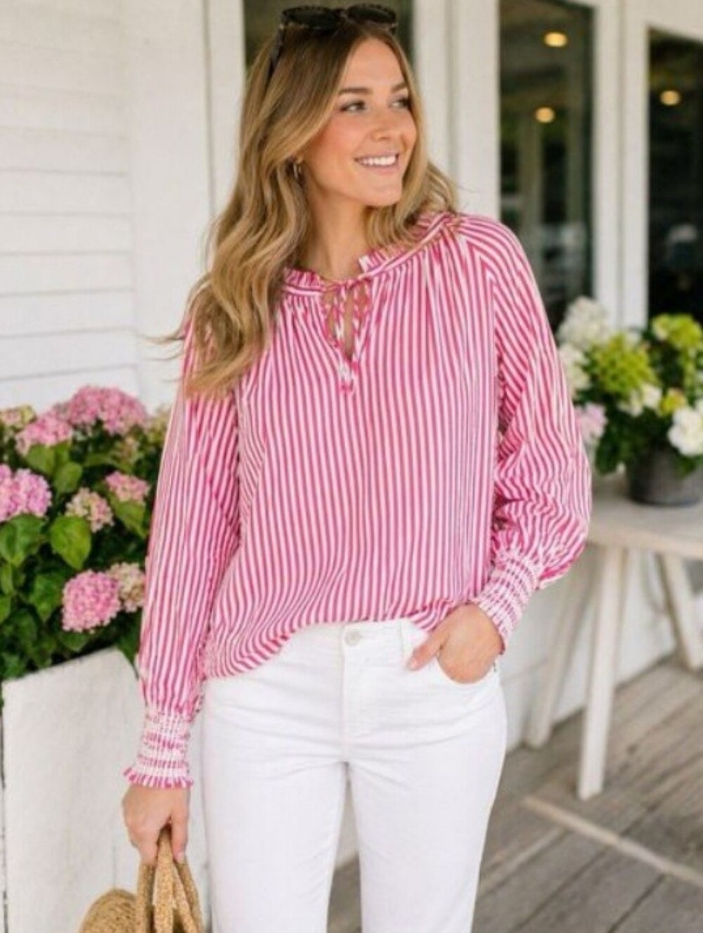 J. Crew Pink and White Striped Long Sleeve Blouse Size Small NEW NWT Smocked